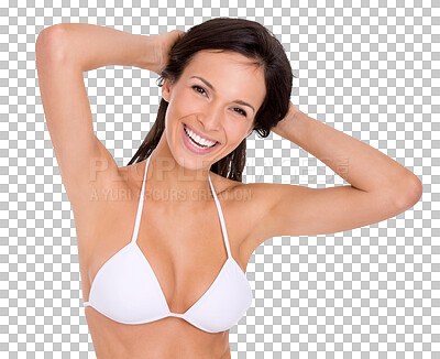 Buy stock photo Beauty, portrait of a woman pose for hair care and smile isolated against a transparent png background. Dermatology or cosmetics, healthcare wellness and female person in underwear posing selfcare