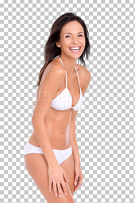 Buy stock photo Portrait, smile and bikini with a woman in summer isolated on a transparent background for vacation or travel. Happy, swimwear and holiday with an attractive young female tourist in beachwear on PNG