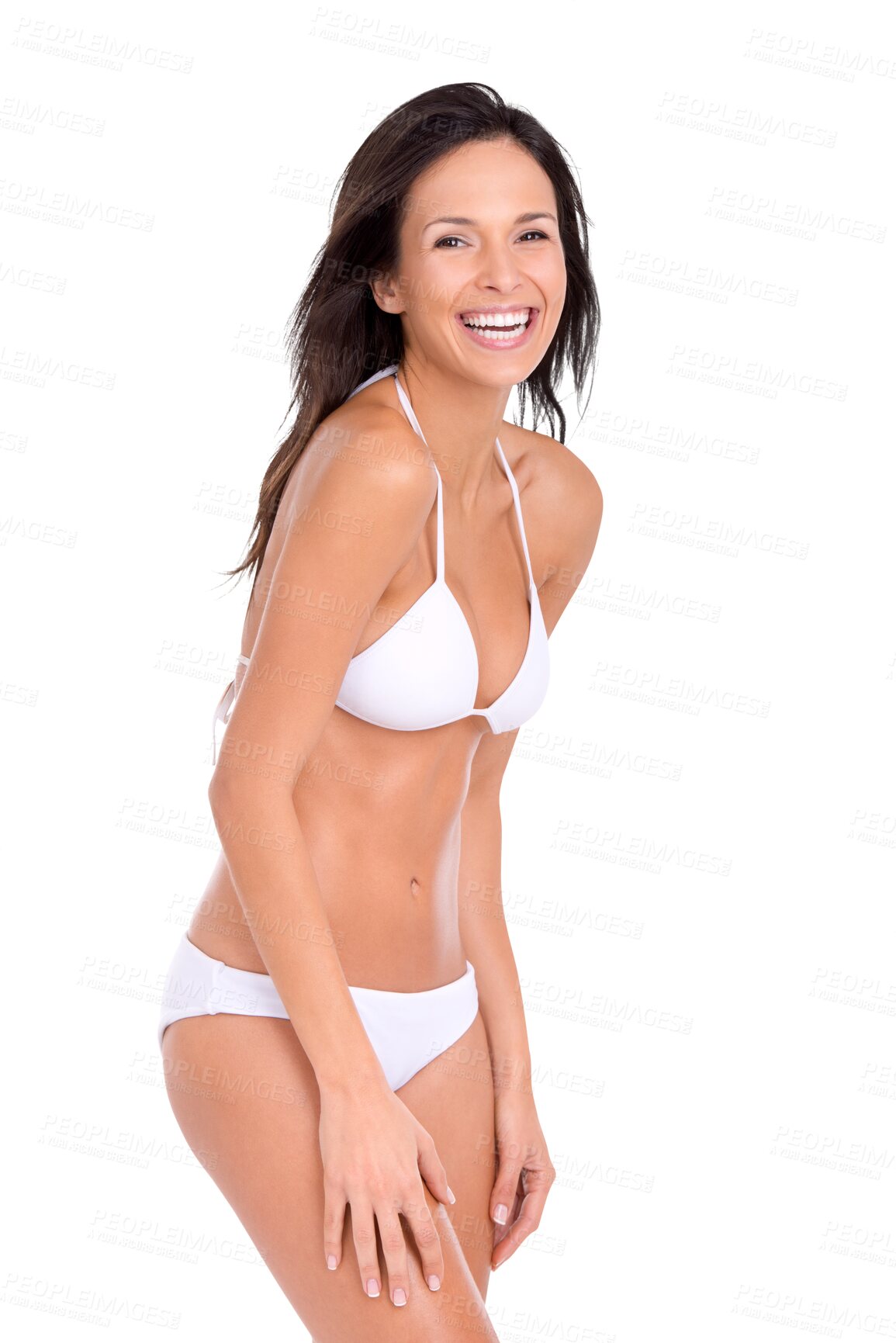 Buy stock photo Portrait, smile and bikini with a woman in summer isolated on a transparent background for vacation or travel. Happy, swimwear and holiday with an attractive young female tourist in beachwear on PNG