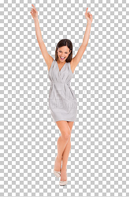 Buy stock photo Winner, fashion and dress with a woman in celebration isolated on a transparent background for success. Smile, happy and motivation with an attractive young model posing in fashionable clothes on PNG