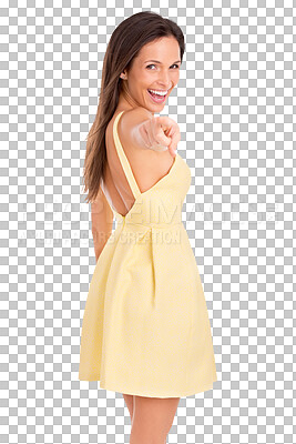 Buy stock photo Portrait, excited and woman pointing to you isolated on a transparent png background. Hand gesture, fashion and funny person in yellow dress point for decision, choice emoji or option of selection.