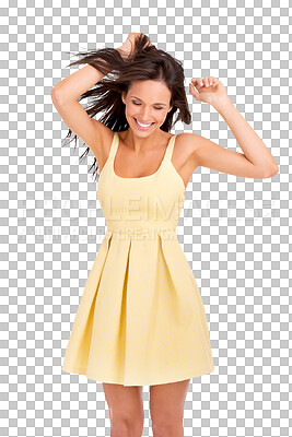 Buy stock photo Smile, dance and woman with energy isolated on a transparent png background for freedom. Excited, happy and young person moving to music, party and celebration for good news, success and winning.