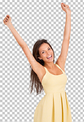 Buy stock photo Portrait, fashion and motivation with a woman in a dress isolated on a transparent background for success or celebration. Smile, cheering and a happy young female model in trendy clothes on PNG