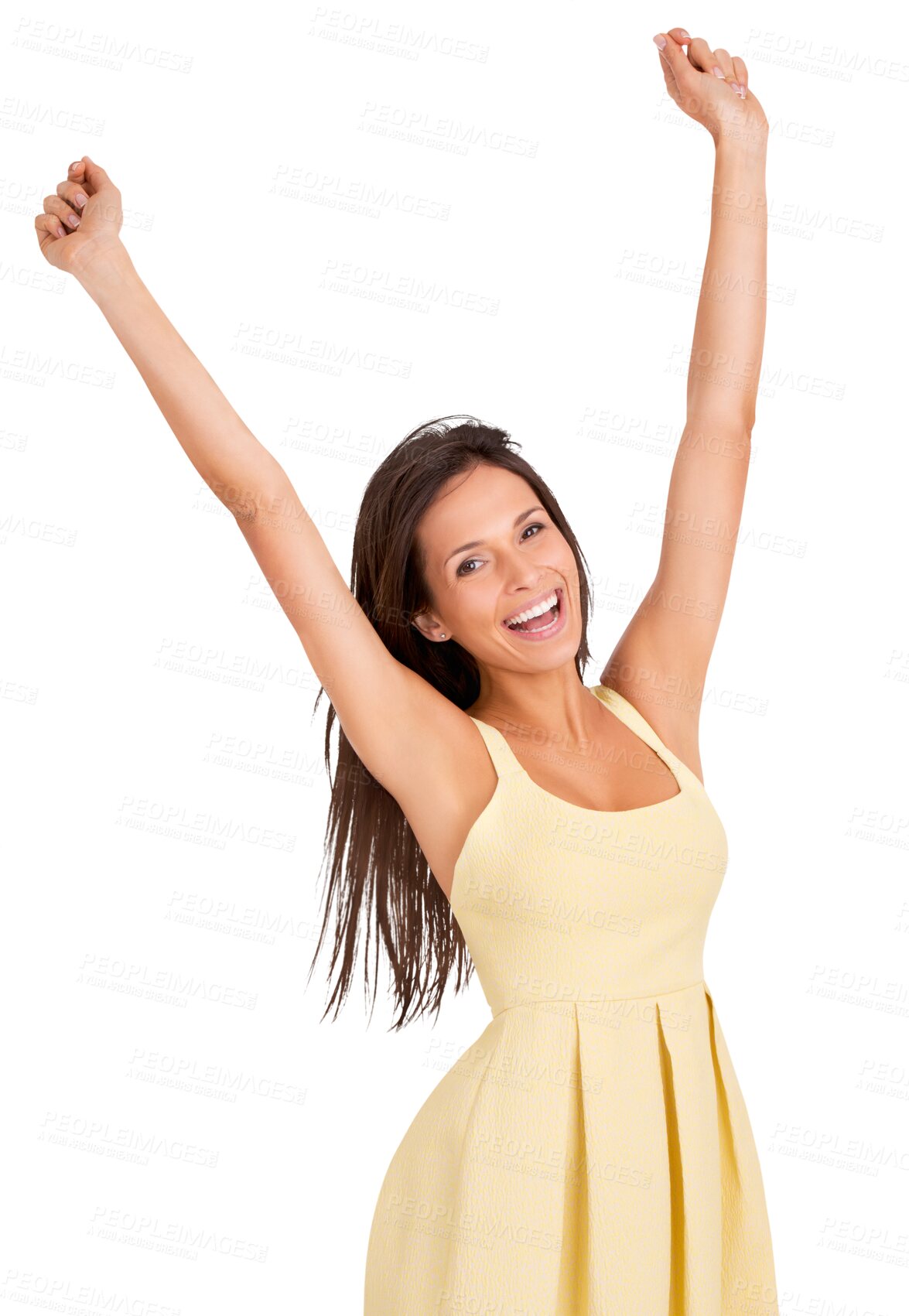 Buy stock photo Portrait, fashion and motivation with a woman in a dress isolated on a transparent background for success or celebration. Smile, cheering and a happy young female model in trendy clothes on PNG