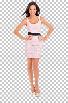 Buy stock photo Fashion, happy and portrait of woman with dress and heels for formal, elegant or luxury outfit. Confident, smile and full body of female model with classy style isolated by transparent png background