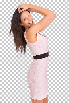 Buy stock photo Woman, happy and portrait with body or dress with confidence in png with isolated in transparent background. Happiness, beauty and fashion with stylish female with freedom and trendy clothes.