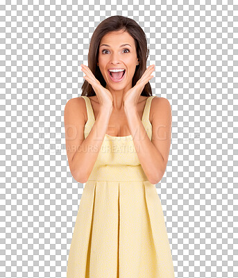 Buy stock photo Portrait, fashion and wow with a woman in a dress isolated on a transparent background for surprise. Smile, happy and excited with an attractive young model shocked in a fashionable outfit on PNG