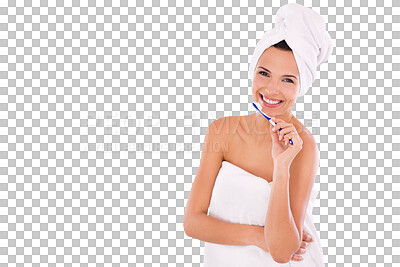 Buy stock photo PNG A beautiful woman holding a toothbrush while standing wrapped in her towel