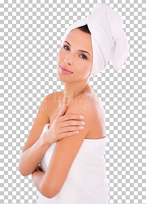 Buy stock photo Skincare, portrait of a woman smile with towel and isolated against a transparent png background. Healthcare wellness or cosmetics, dermatology or beauty cosmetics and female person for selfcare