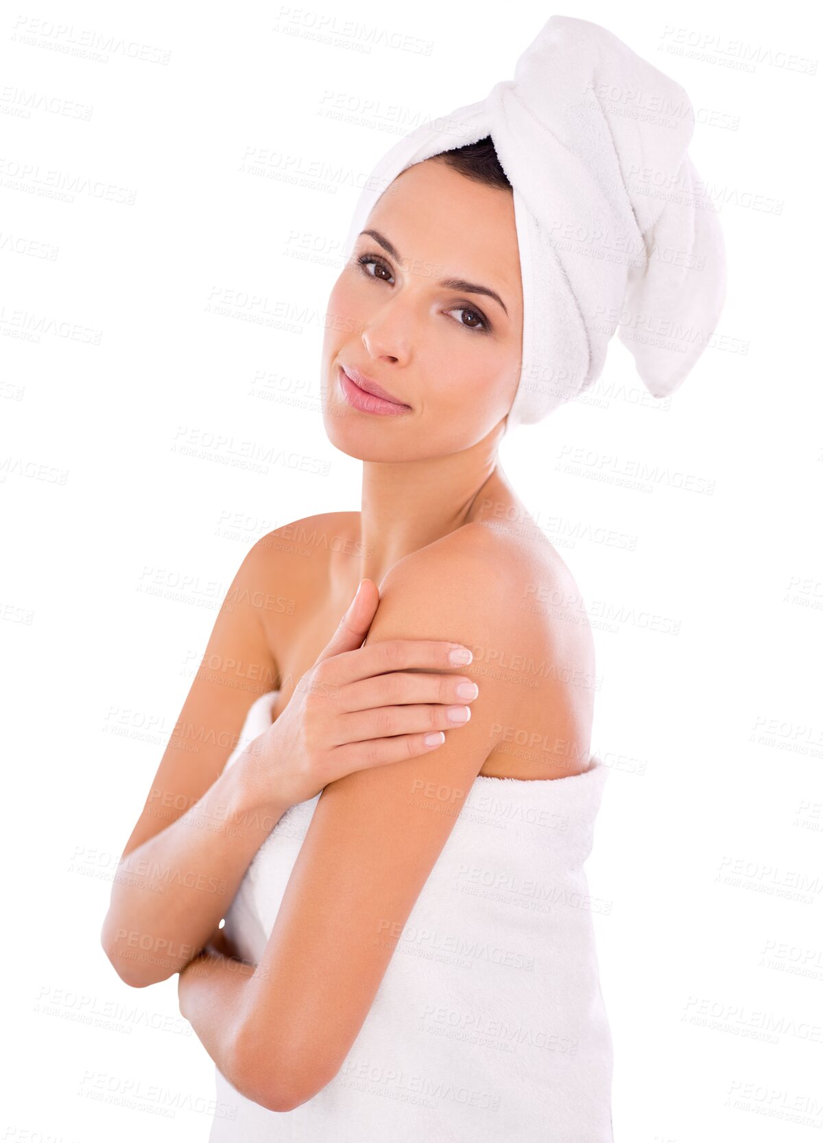 Buy stock photo Skincare, portrait of a woman smile with towel and isolated against a transparent png background. Healthcare wellness or cosmetics, dermatology or beauty cosmetics and female person for selfcare