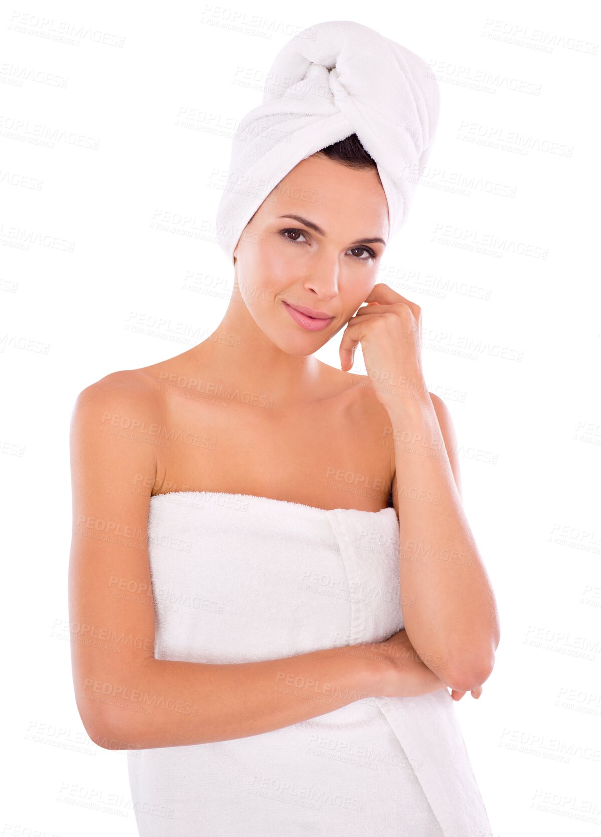 Buy stock photo Woman, portrait and towel for shower, morning skincare and clean body on isolated, transparent or PNG background. Model, fresh face and skin care at spa, beauty or cosmetic treatment in bathroom