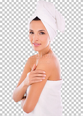 Buy stock photo Skincare, portrait and woman in towel for shower, cleaning and beauty isolated on a transparent png background. Self care, cosmetics and young model or person for body hygiene and dermatology health