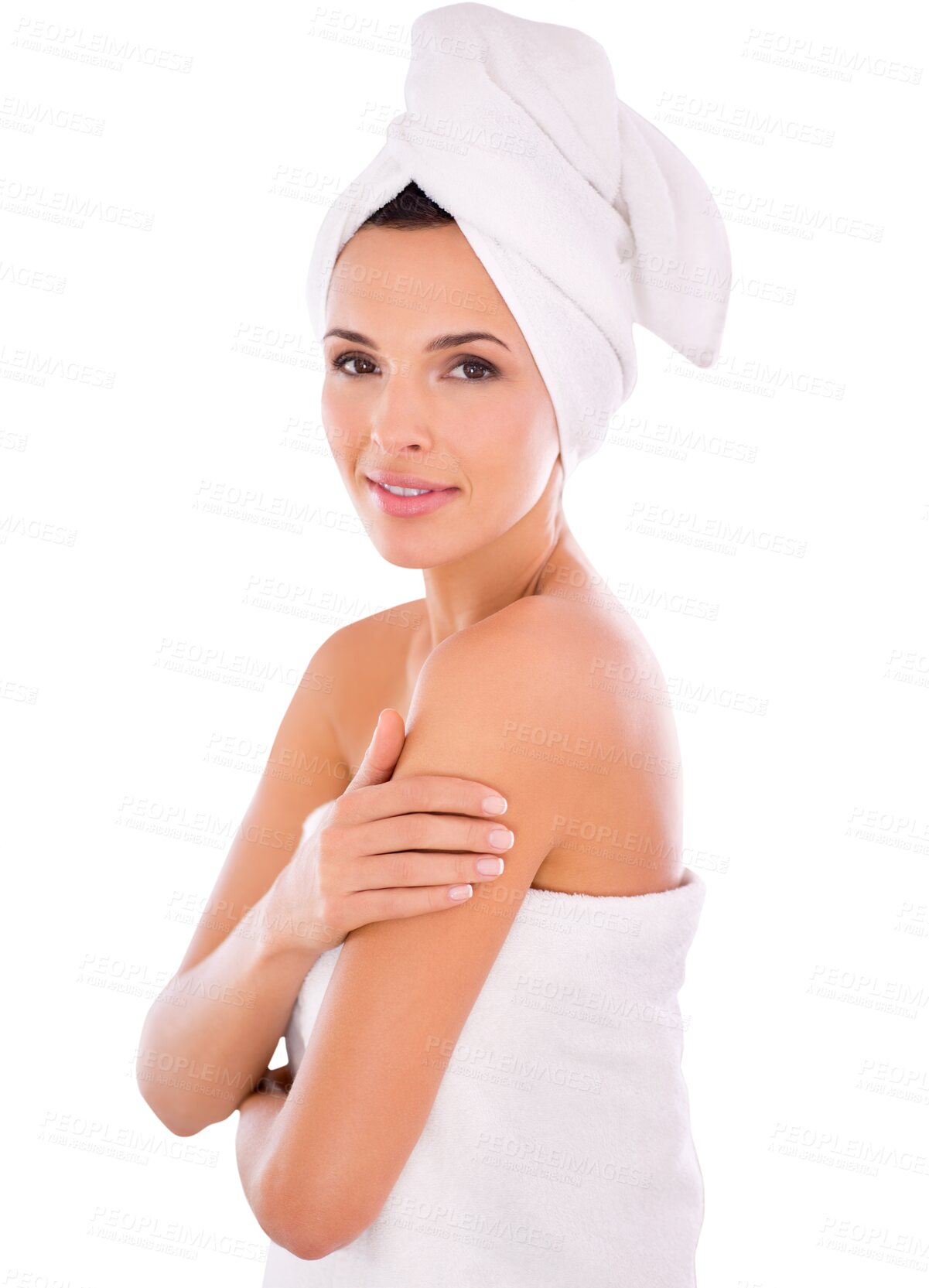 Buy stock photo Skincare, portrait and woman in towel for shower, cleaning and beauty isolated on a transparent png background. Self care, cosmetics and young model or person for body hygiene and dermatology health