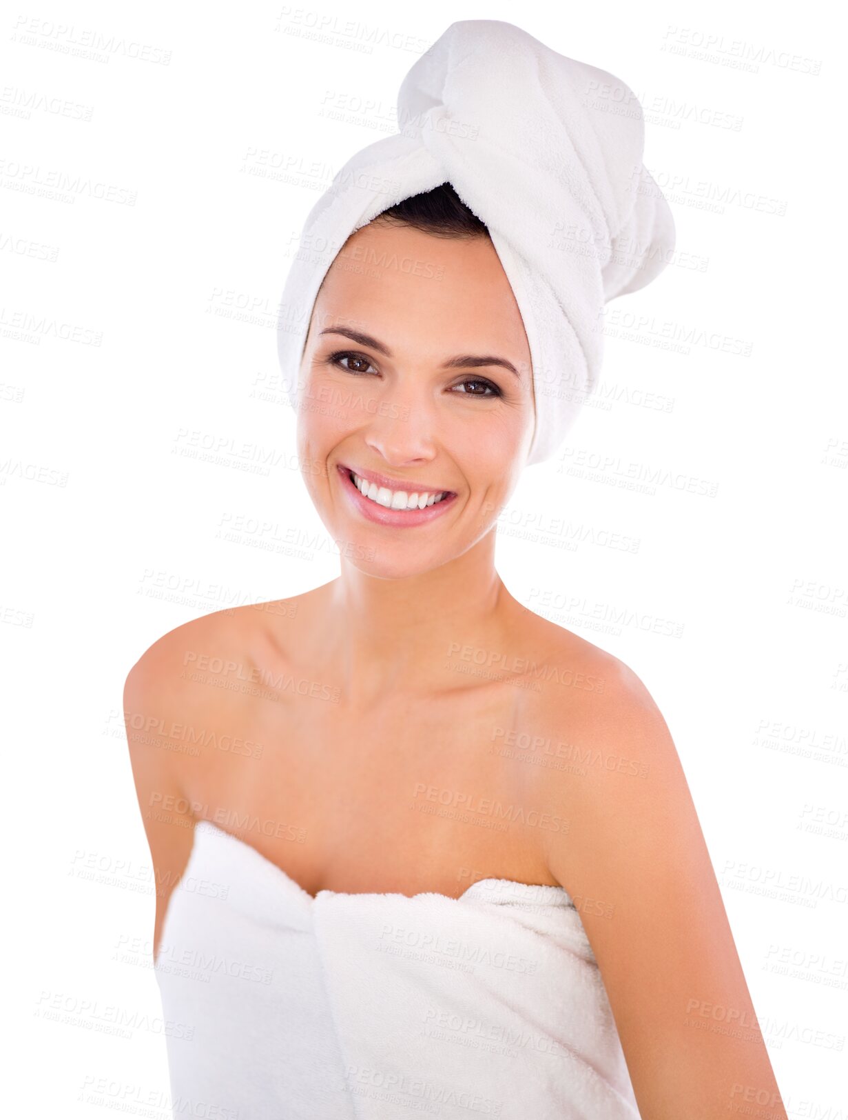 Buy stock photo Skin wellness, portrait of a woman smile with towel and isolated against a transparent png background. Skincare or cosmetics, dermatology or beauty selfcare and happy young female person smiling