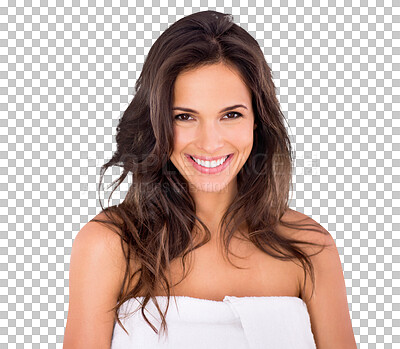 Buy stock photo Woman in portrait, beauty with hair and smile, keratin treatment and hairstyle isolated on transparent png background. Haircare, female model with natural cosmetics and cosmetology, growth and shine