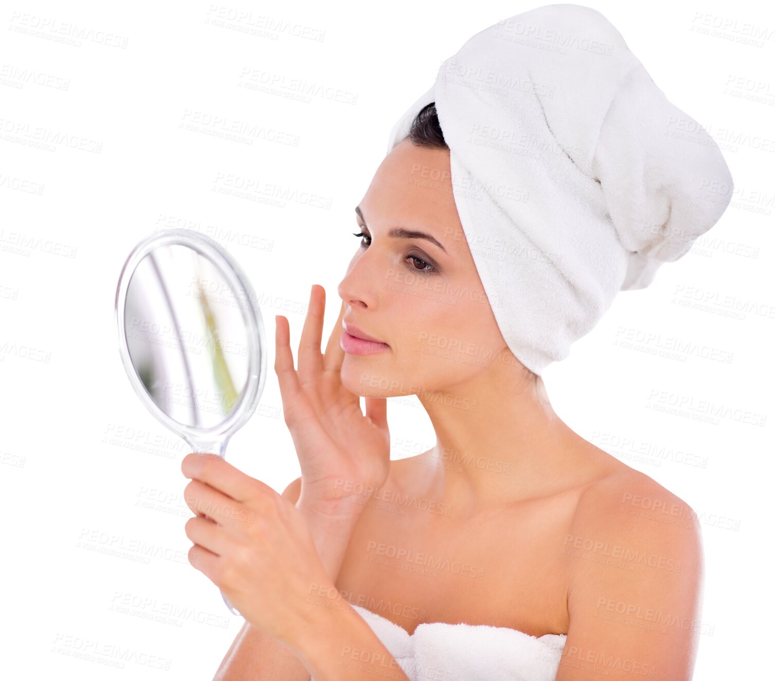 Buy stock photo Health wellness, woman with a mirror and isolated against a transparent png background. Dermatology or beauty cosmetics, self care or morning skin treatment and female person with reflection of face