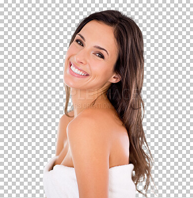 Buy stock photo Happy woman in portrait, beauty with hair and smile, keratin treatment and hairstyle isolated on transparent png background. Haircare, female model with cosmetics and cosmetology, growth and shine