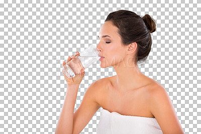 Buy stock photo Hydration, woman with glass drinking water and isolated against a transparent png background. Hydrate or healthcare, natural nutrition or detox and female person drink liquid for health wellness 