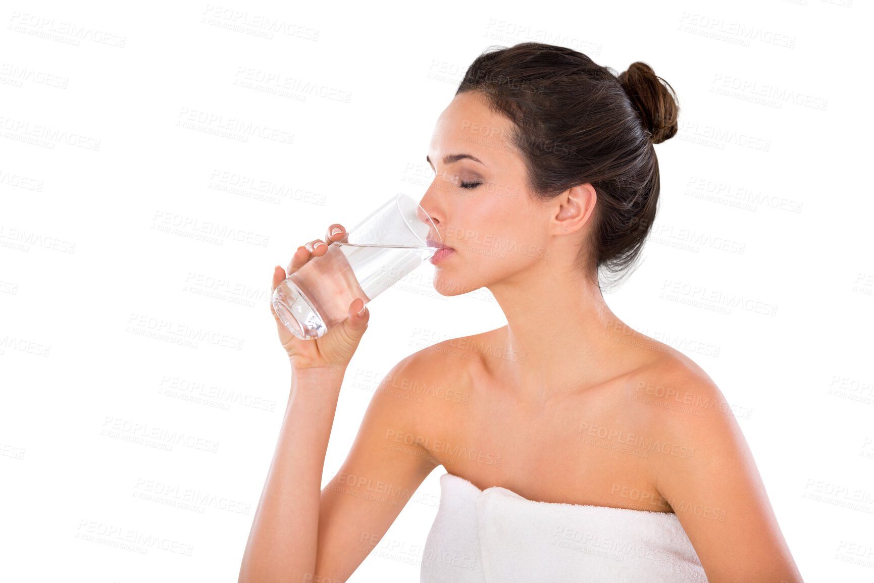 Buy stock photo Hydration, woman with glass drinking water and isolated against a transparent png background. Hydrate or healthcare, natural nutrition or detox and female person drink liquid for health wellness 