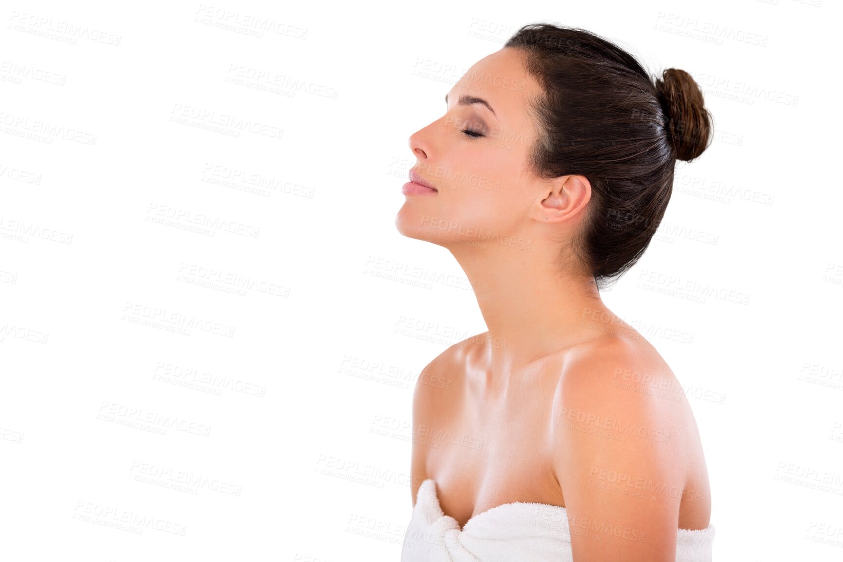 Buy stock photo Woman, beauty and face profile with dermatology and cosmetics and natural skincare isolated on transparent png background. Spa treatment, self care and facial, female model with healthy skin glow 