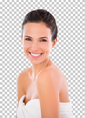 Buy stock photo Happy woman in portrait, beauty and skin, dermatology and cosmetics with natural skincare isolated on transparent png background. Spa treatment, self care and facial, female model and cosmetic glow