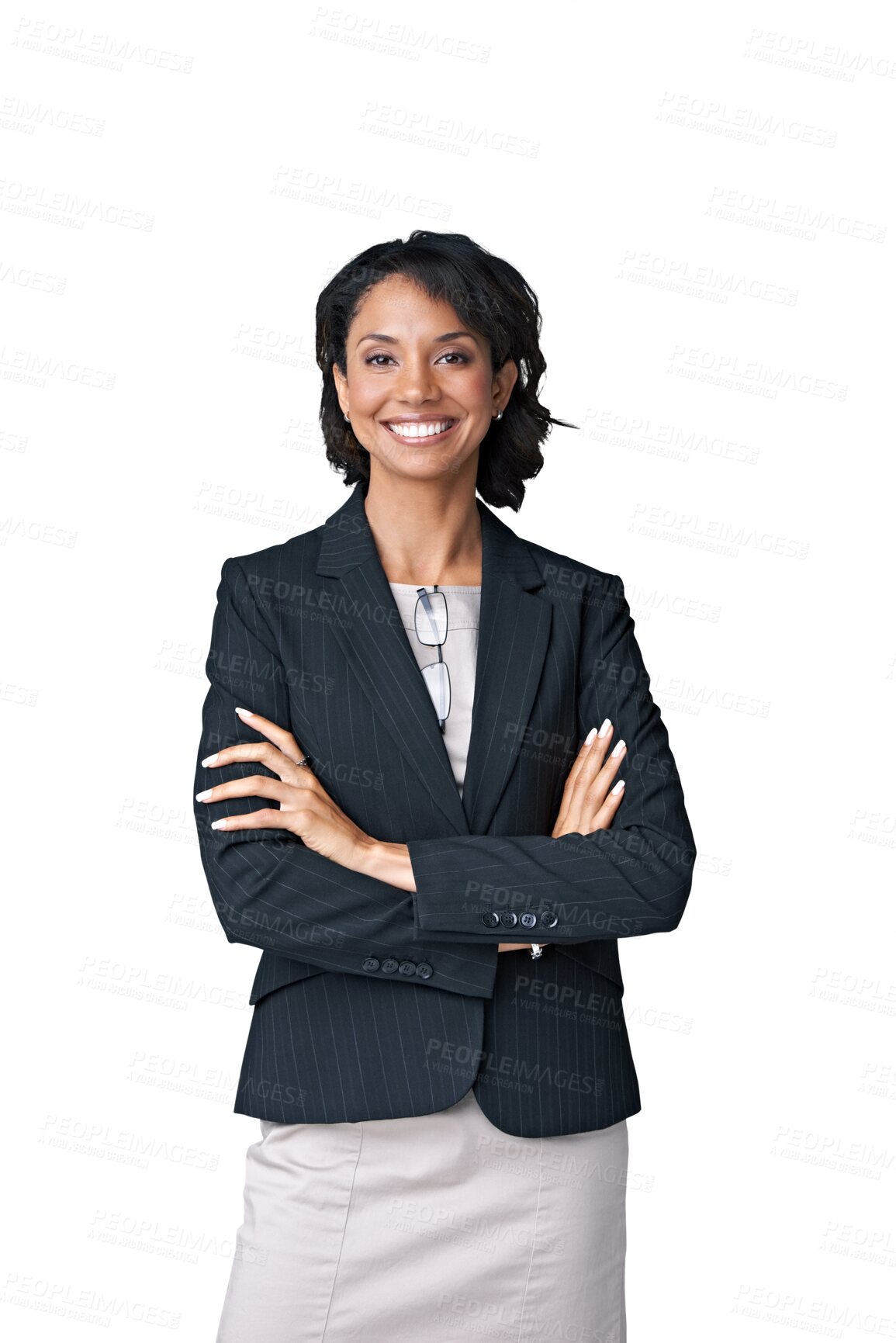 Buy stock photo Success, crossed arms and portrait of a businesswoman with confidence, leadership and positive mindset. Happy, smile and professional female corporate lawyer isolated by a transparent png background.