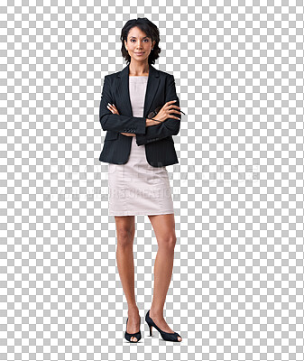 Buy stock photo Business woman, arms crossed and portrait in confidence, professional fashion or Human Resources job. HR worker, african person or model body in career clothes, isolated on transparent png background