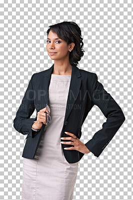 Buy stock photo Attorney, portrait and woman with hand on hip isolated on transparent png background. Confidence, professional and female entrepreneur, lawyer and person from Brazil with glasses for serious business