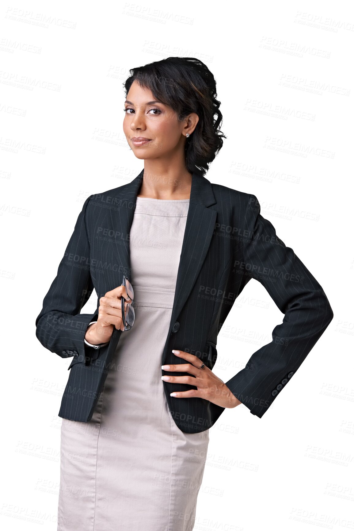 Buy stock photo Attorney, portrait and woman with hand on hip isolated on transparent png background. Confidence, professional and female entrepreneur, lawyer and person from Brazil with glasses for serious business