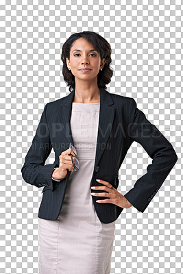 Buy stock photo Lawyer, portrait and woman with hand on hip isolated on transparent png background. Confidence, professional and female entrepreneur, attorney and person from Brazil with glasses for serious business