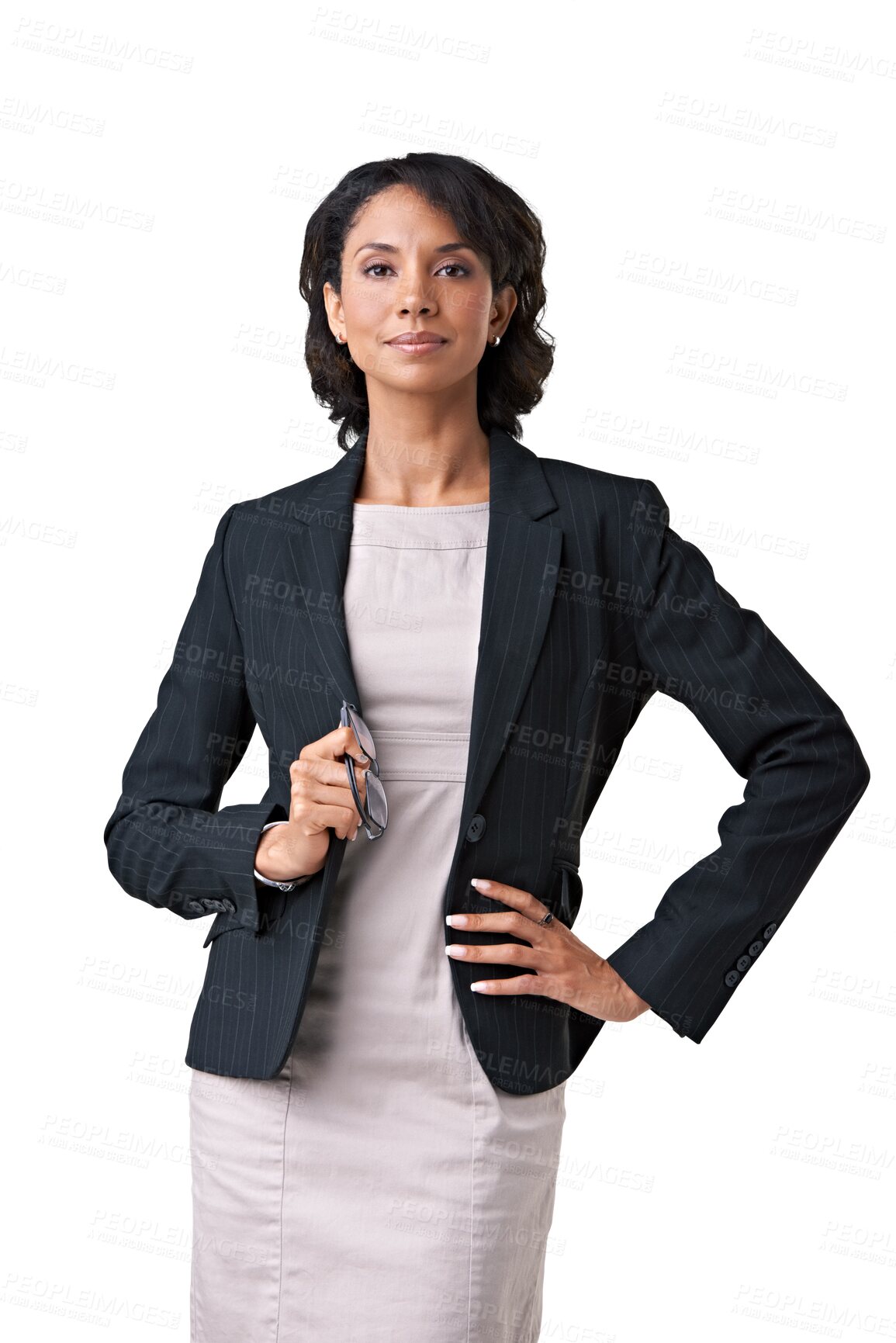 Buy stock photo Lawyer, portrait and woman with hand on hip isolated on transparent png background. Confidence, professional and female entrepreneur, attorney and person from Brazil with glasses for serious business