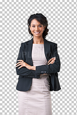 Buy stock photo Corporate, portrait of a businesswoman with her arms crossed and isolated against a transparent png background. Success or empowerment, happy or smile and confident female person pose for leadership