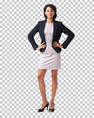 Buy stock photo Business woman, portrait and body confidence with professional fashion for Human Resources job. HR worker, african person or model posing in career clothes and isolated on transparent, png background