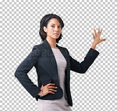 Buy stock photo Portrait, woman and confident in presentation of business with hand, gesture or pointing on isolated, transparent or PNG background. Success, businesswoman and training for corporate or executive