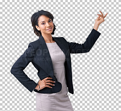 Buy stock photo Woman, portrait and confident in presentation of business with hand, gesture or pointing on isolated, transparent or PNG background. Happy, businesswoman and training for corporate or executive