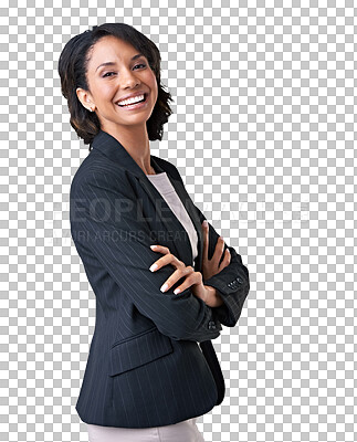 Buy stock photo Accountant, portrait and woman laughing with arms crossed isolated on a transparent png background. Confidence, business professional and funny entrepreneur, auditor and happy person from Brazil.