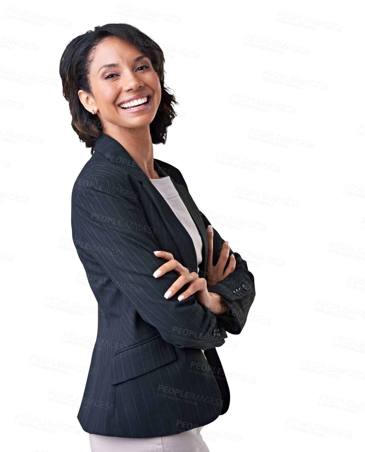 Buy stock photo Accountant, portrait and woman laughing with arms crossed isolated on a transparent png background. Confidence, business professional and funny entrepreneur, auditor and happy person from Brazil.