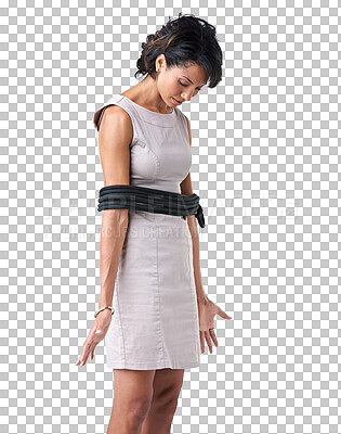 Buy stock photo Business woman, rope and body tied in kidnap standing isolated on a transparent PNG background. Frustrated female person or employee in arm tangle, cuff or strapped up and trapped women or prisoner