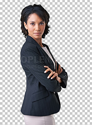 Buy stock photo Portrait, accountant and serious woman with arms crossed isolated on a transparent png background. Confidence, professional and entrepreneur, auditor and person from Brazil with pride for business.