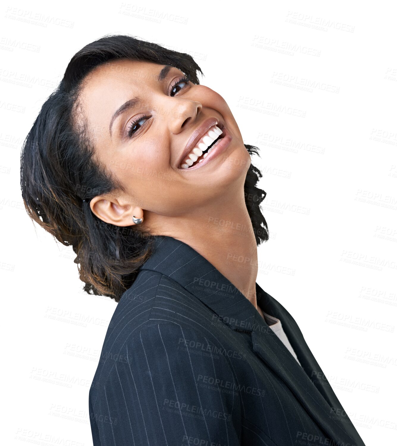 Buy stock photo Portrait, happy businesswoman or manager laughing isolated on transparent png background. Face, smile or funny female entrepreneur in suit smiling with confidence, success or positive mindset 