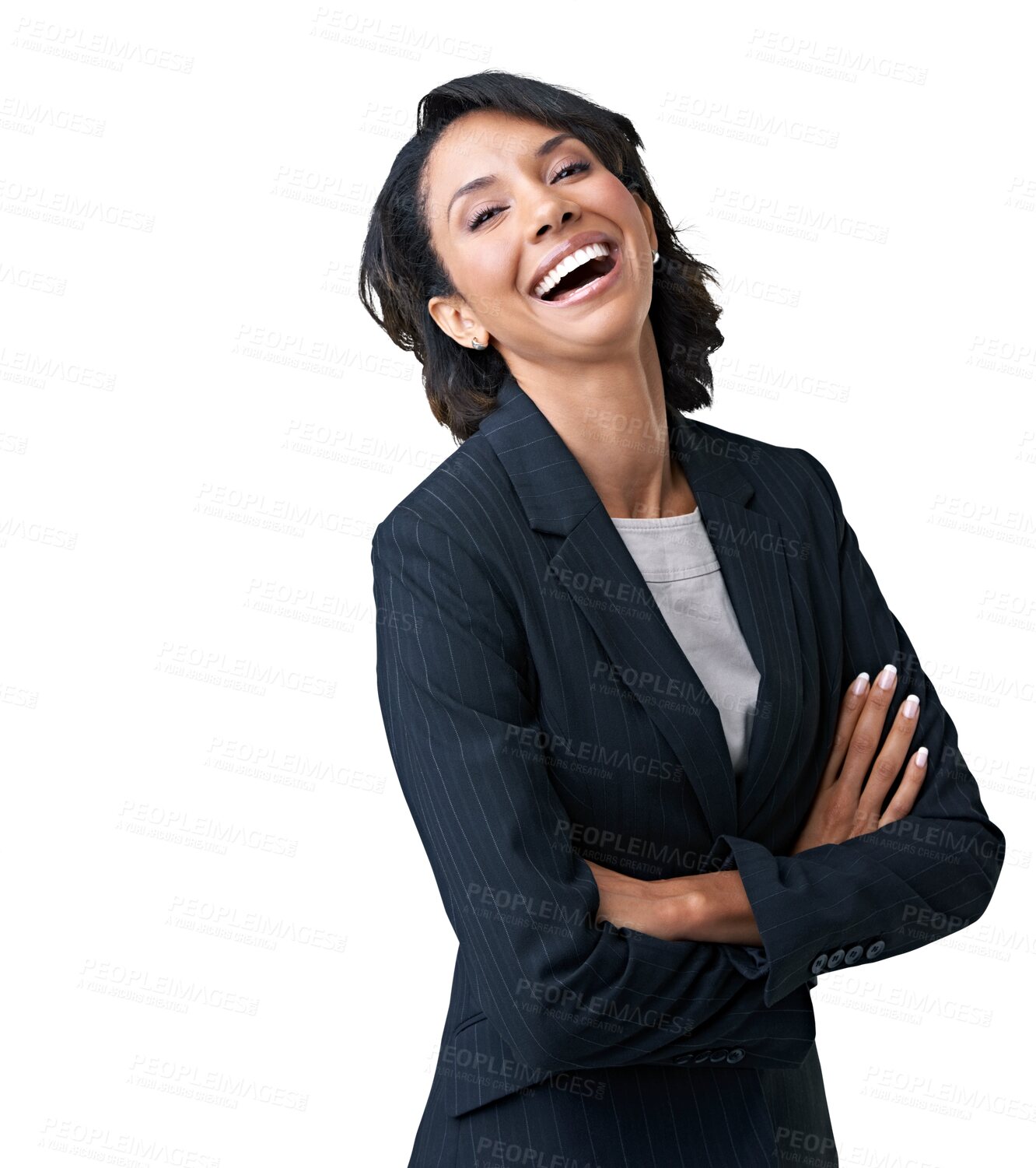 Buy stock photo Portrait, lawyer and funny woman with arms crossed isolated on a transparent png background. Confidence, professional and female entrepreneur, attorney and person from Brazil laughing for business.