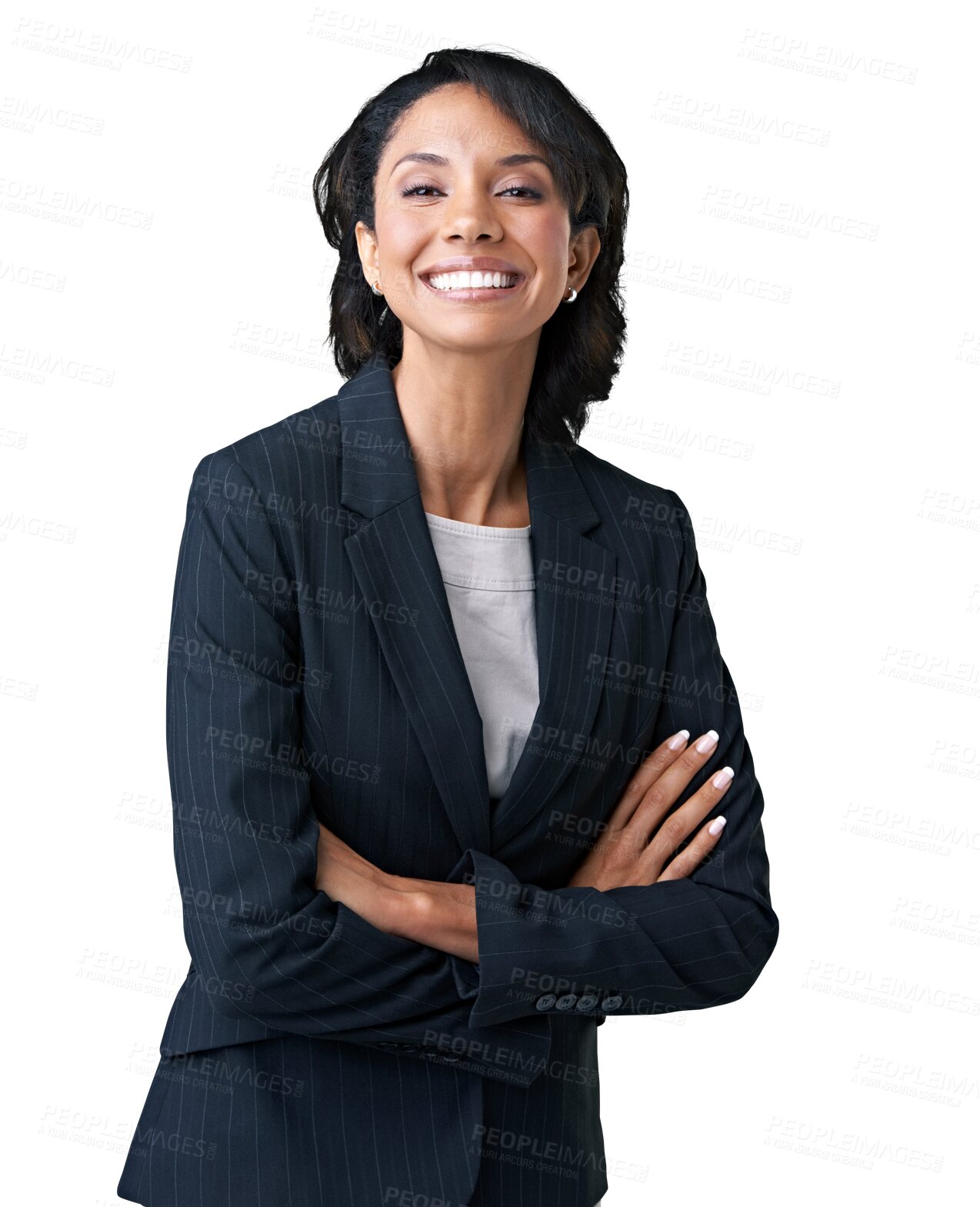 Buy stock photo Happy woman, business portrait and arms crossed in human resources career isolated on transparent png background . Face of HR worker or african person excited with corporate or professional fashion