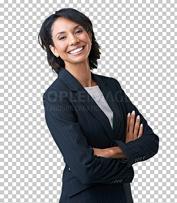 Buy stock photo Portrait, accountant and business woman with arms crossed isolated on a transparent png background. Confidence, professional and happy entrepreneur, auditor and person from Brazil with pride for job.