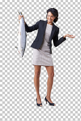 Buy stock photo Confused, dead fish and businesswoman with worry, unsure or contemplating expression. Question, disgust and professional female corporate lawyer with sea animal isolated by transparent png background