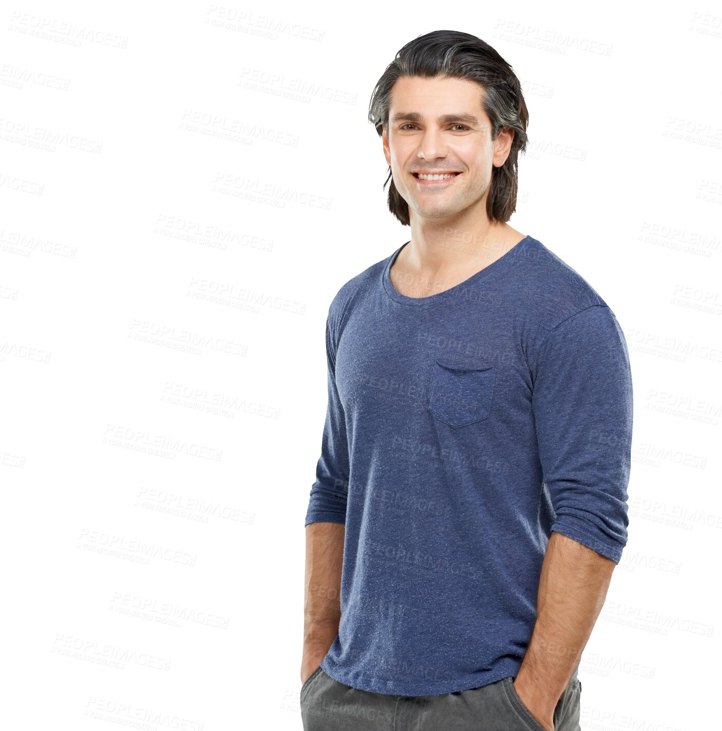 Buy stock photo Man, smile in portrait and casual fashion, confident and positive mature person isolated on transparent png background. Male model is happy, cotton tshirt and positivity, cool style with trendy hair