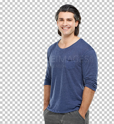 Buy stock photo Happy man, portrait smile and casual fashion of handsome guy standing isolated on a transparent PNG background. Confident male person or attractive model smiling in happiness or hands in pants pocket