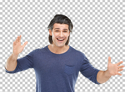 Buy stock photo Portrait, excited and happy man for news, announcement or winning isolated on transparent png background. Success, wow and surprise on face of mature person or model with sale, discount or bonus