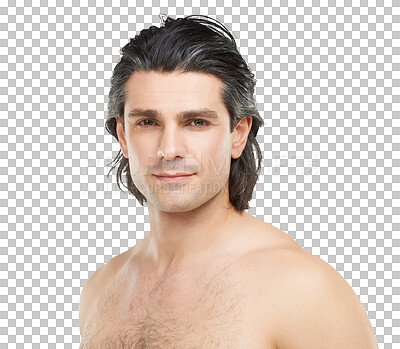 Buy stock photo Man, face or portrait for skincare with hair standing isolated on transparent PNG background. Attractive male person or handsome mature model shirtless for facial treatment, haircare or grooming skin