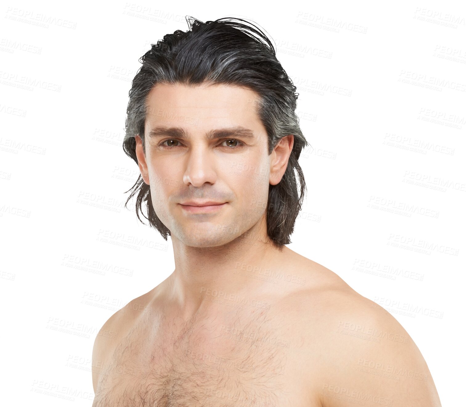 Buy stock photo Man, face or portrait for skincare with hair standing isolated on transparent PNG background. Attractive male person or handsome mature model shirtless for facial treatment, haircare or grooming skin