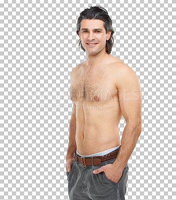 Buy stock photo Happy man, portrait and topless body of handsome guy with hair isolated on a transparent PNG background. Confident male person or mature model smile while standing shirtless with hands in pocket